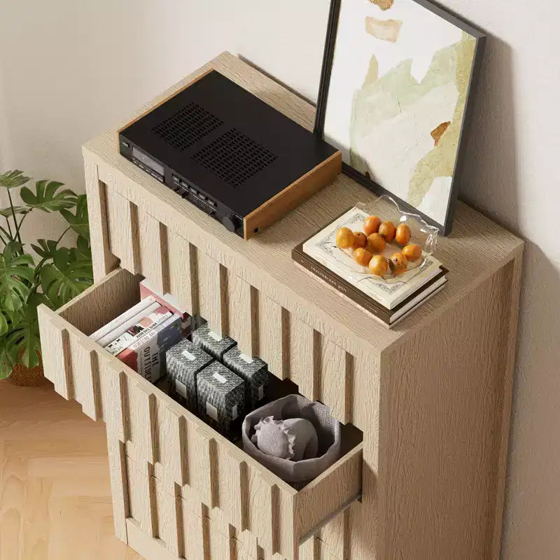 Cassettiera a 5 cassetti scanalati per camera da letto, Comò moderno, Frontali scanalati, Organizer in legno per camera da letto, Soggiorno