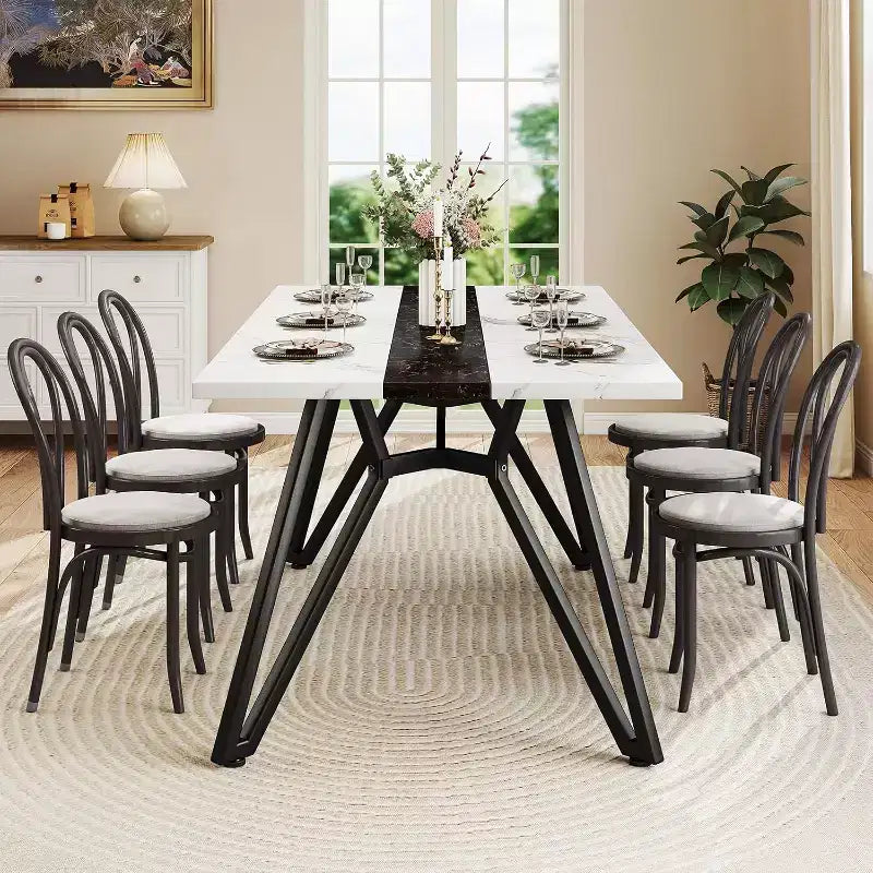 Tavolo da pranzo stile rustico da 180 cm per 6-8 persone, base triangolare in acciaio, bianco