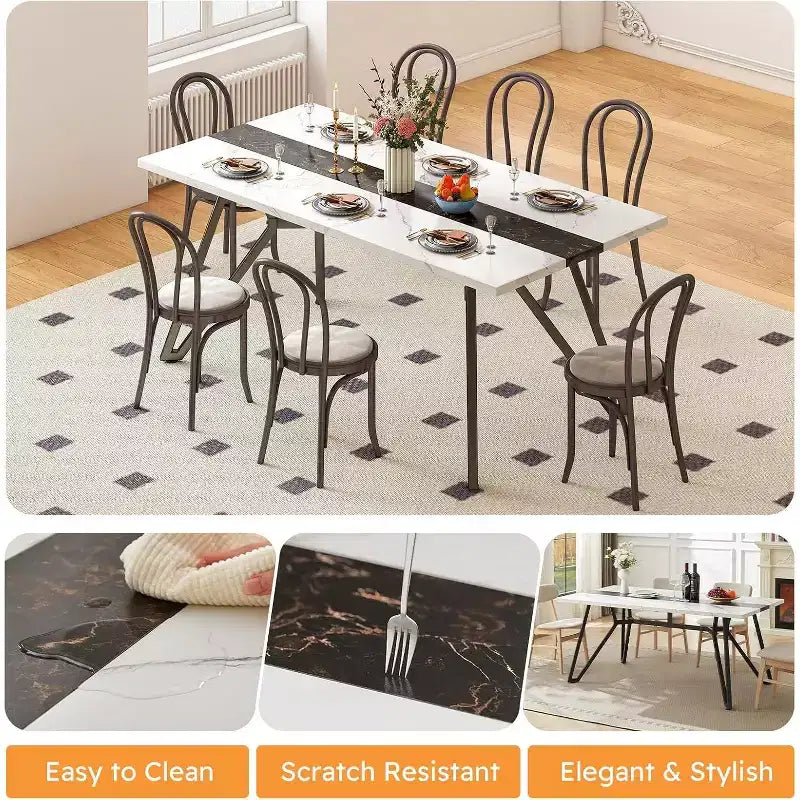 Tavolo da pranzo stile rustico da 180 cm per 6-8 persone, base triangolare in acciaio, bianco