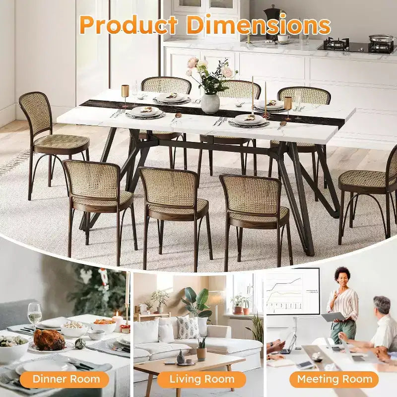 Tavolo da pranzo stile rustico da 180 cm per 6-8 persone, base triangolare in acciaio, bianco