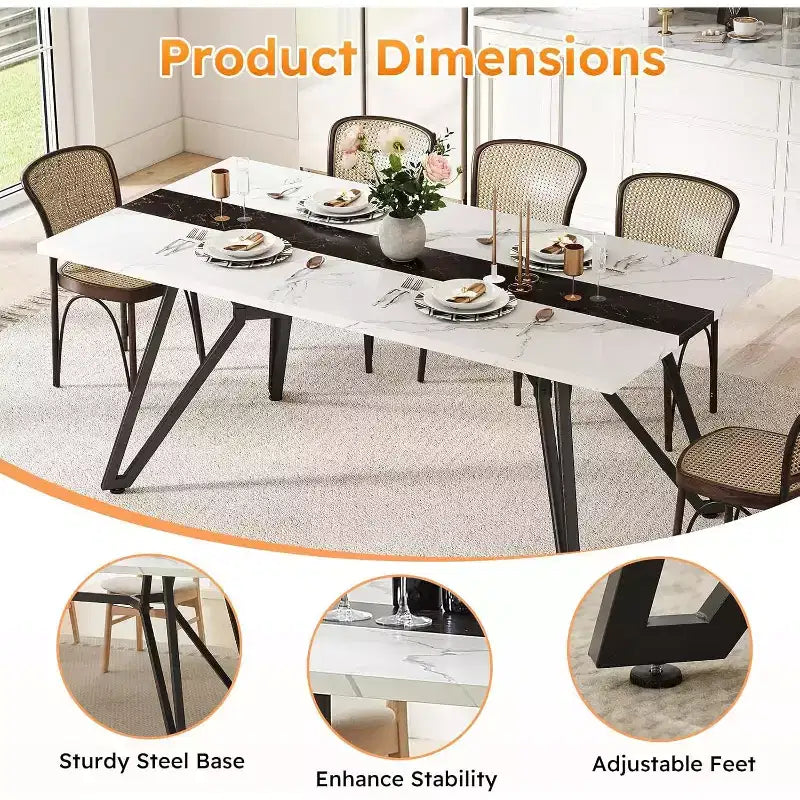 Tavolo da pranzo stile rustico da 180 cm per 6-8 persone, base triangolare in acciaio, bianco