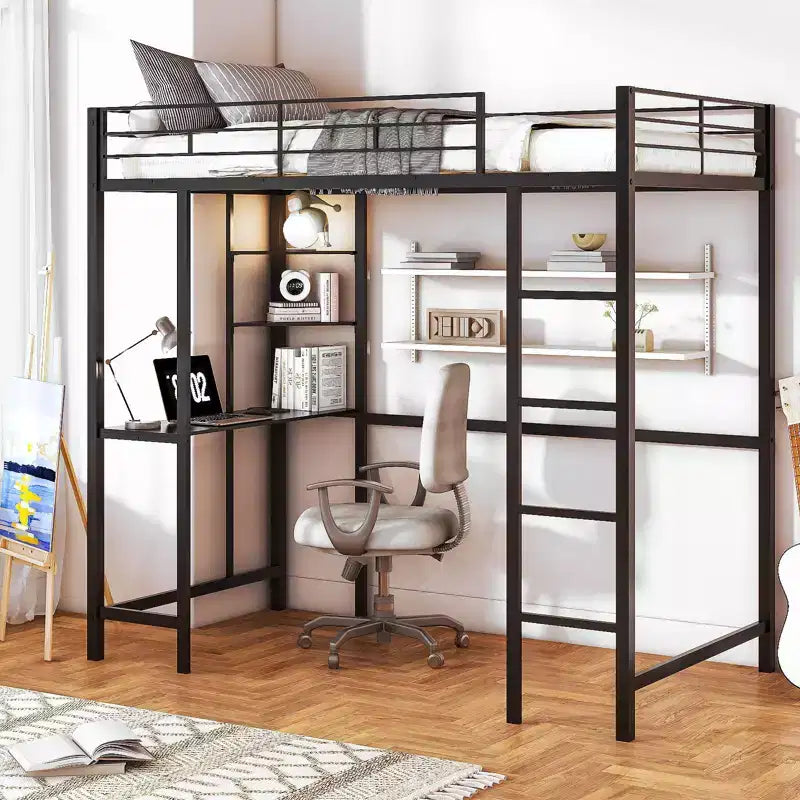 Letto a soppalco matrimoniale nero con scrivania, struttura in metallo, non necessita di rete a molle