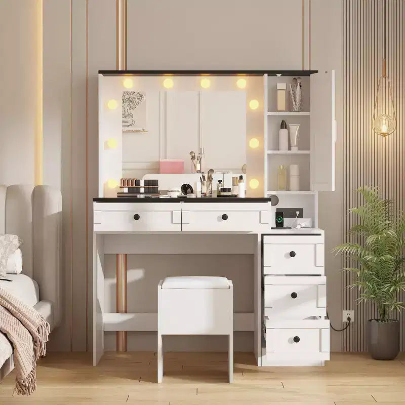 Toeletta per Trucco con Specchio e Sgabello, Cassetti e Ripiani Contenitori Nascosti
