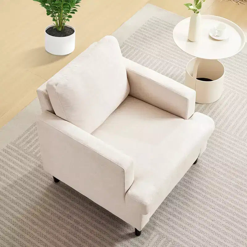 Poltrona moderna in lino per soggiorno, poltrona singola con gambe in legno e cuscino, poltrona laterale in tessuto per soggiorno