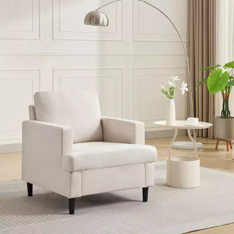 Poltrona moderna in lino per soggiorno, poltrona singola con gambe in legno e cuscino, poltrona laterale in tessuto per soggiorno