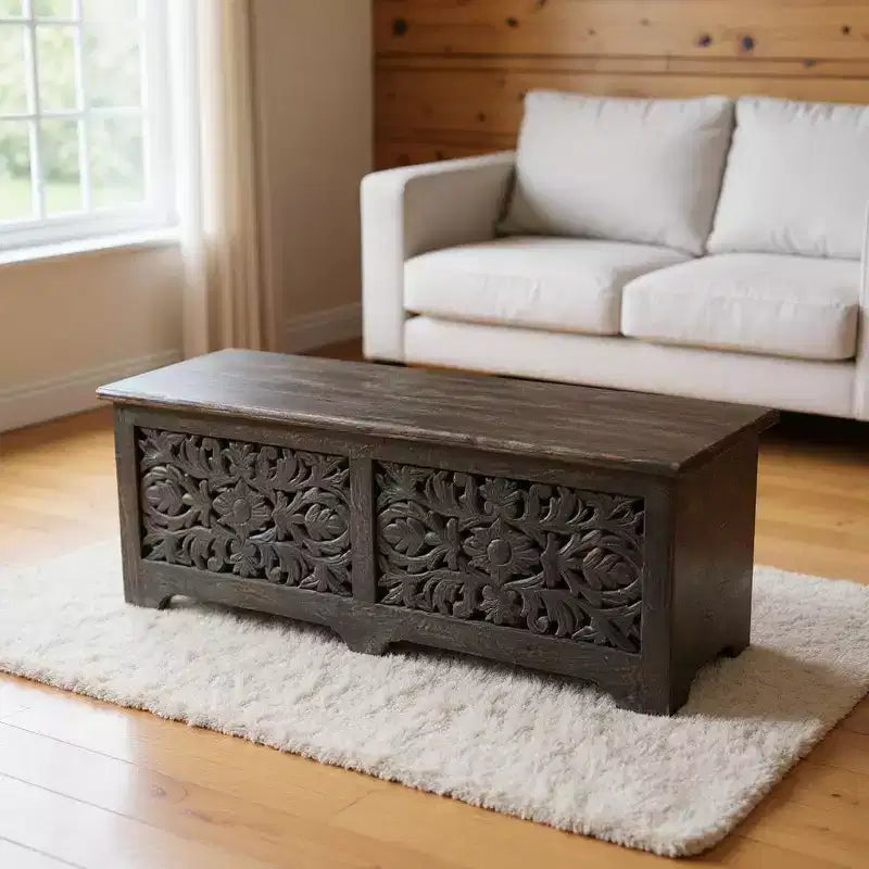 52 Pouf Contenitore Floreale Intagliato in Legno Massello Nero Effetto Invecchiato