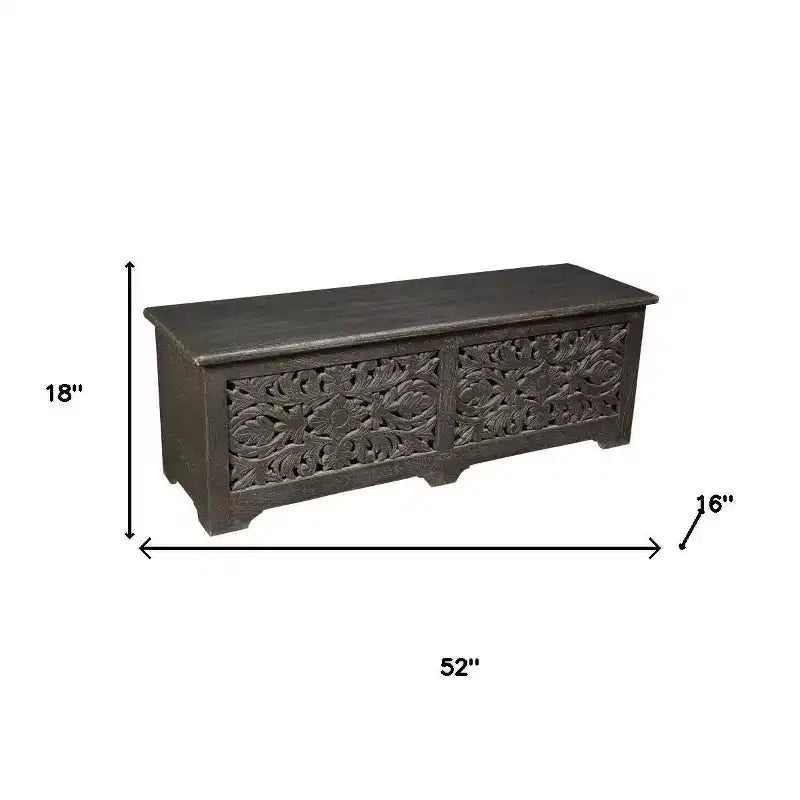 52 Pouf Contenitore Floreale Intagliato in Legno Massello Nero Effetto Invecchiato