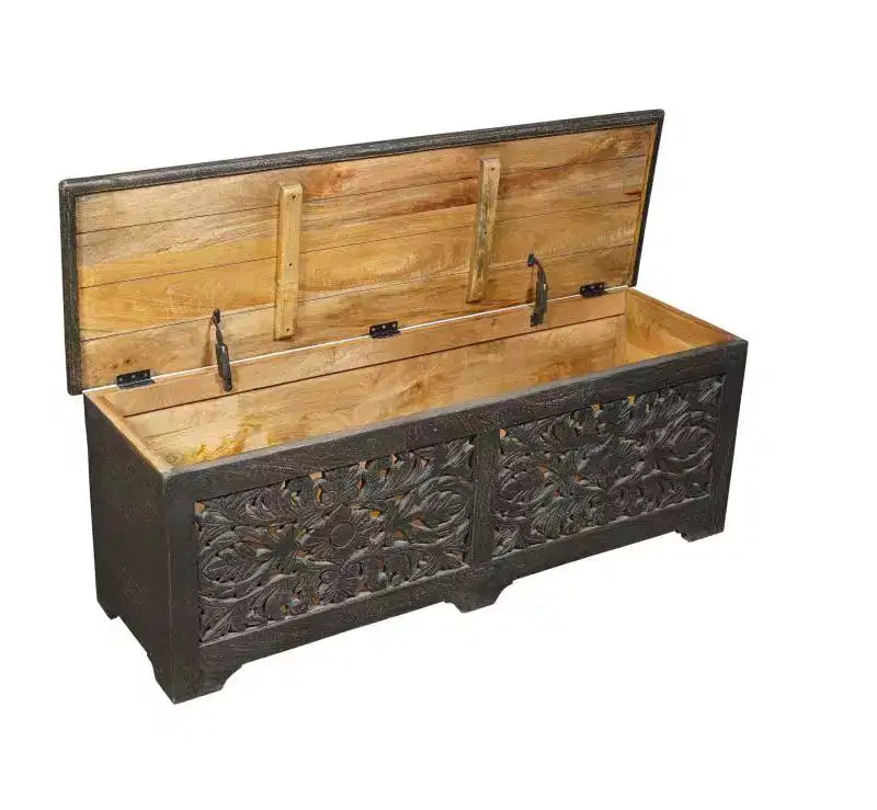 52 Pouf Contenitore Floreale Intagliato in Legno Massello Nero Effetto Invecchiato