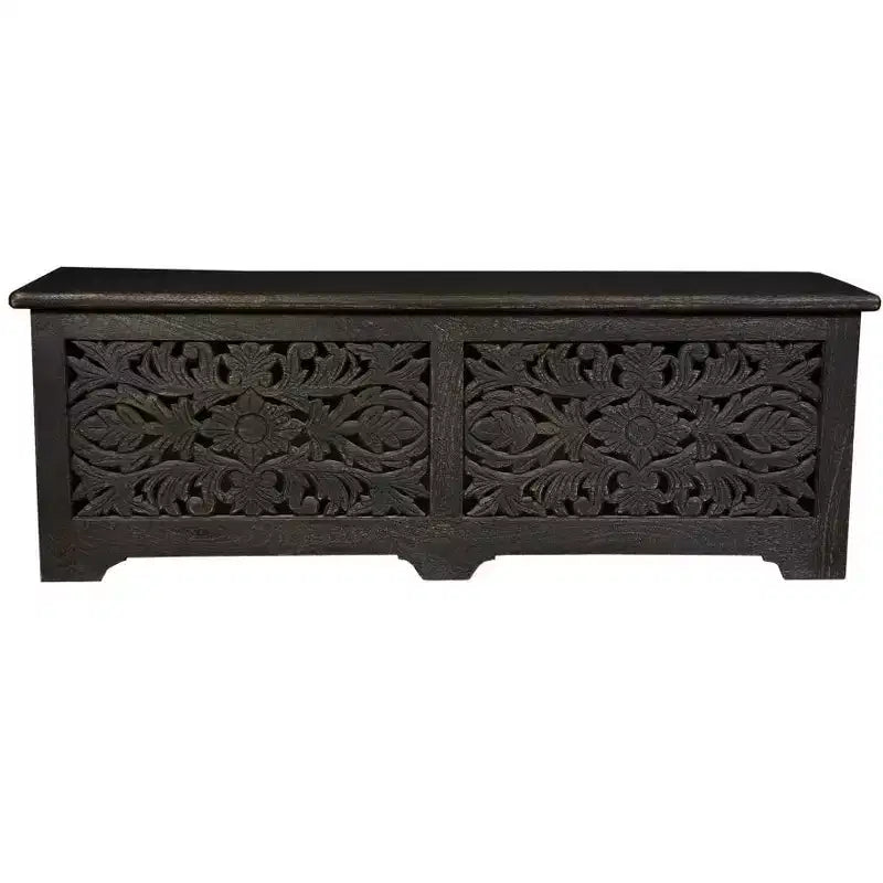52 Pouf Contenitore Floreale Intagliato in Legno Massello Nero Effetto Invecchiato