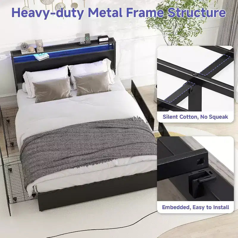 Base letto matrimoniale con 4 cassetti contenitore, testiera, luci a LED, supporto a doghe in metallo, silenziosa, nera