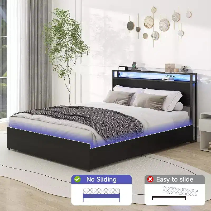Base letto matrimoniale con 4 cassetti contenitore, testiera, luci a LED, supporto a doghe in metallo, silenziosa, nera