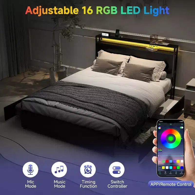 Base letto matrimoniale con 4 cassetti contenitore, testiera, luci a LED, supporto a doghe in metallo, silenziosa, nera