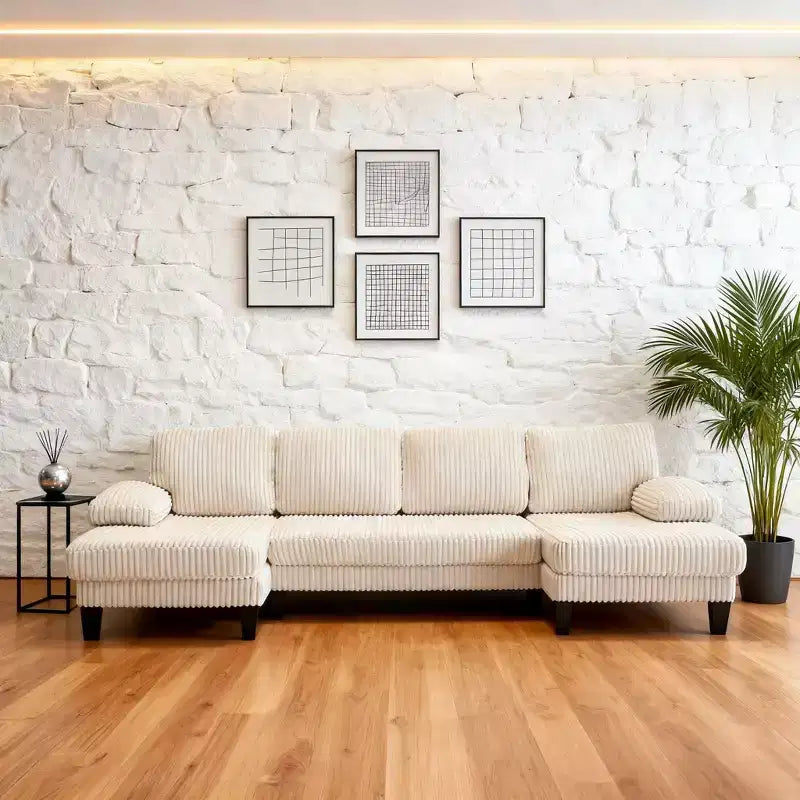 Divano sezionale a ferro di cavallo in velluto a coste con doppia chaise longue, 4 posti, beige