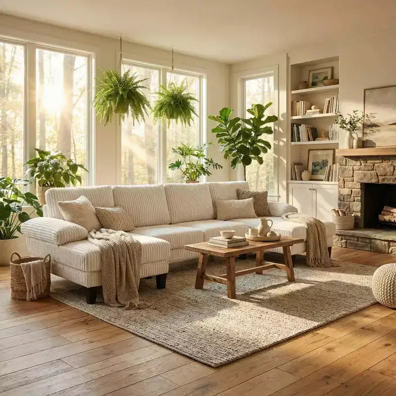 Divano sezionale a ferro di cavallo in velluto a coste con doppia chaise longue, 4 posti, beige