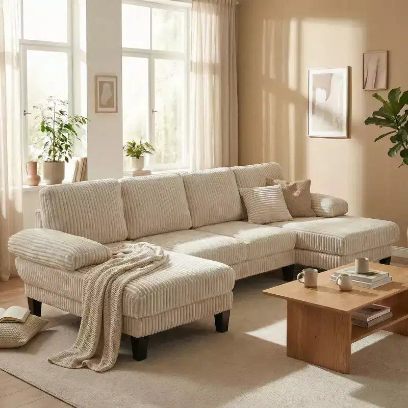 Divano sezionale a ferro di cavallo in velluto a coste con doppia chaise longue, 4 posti, beige
