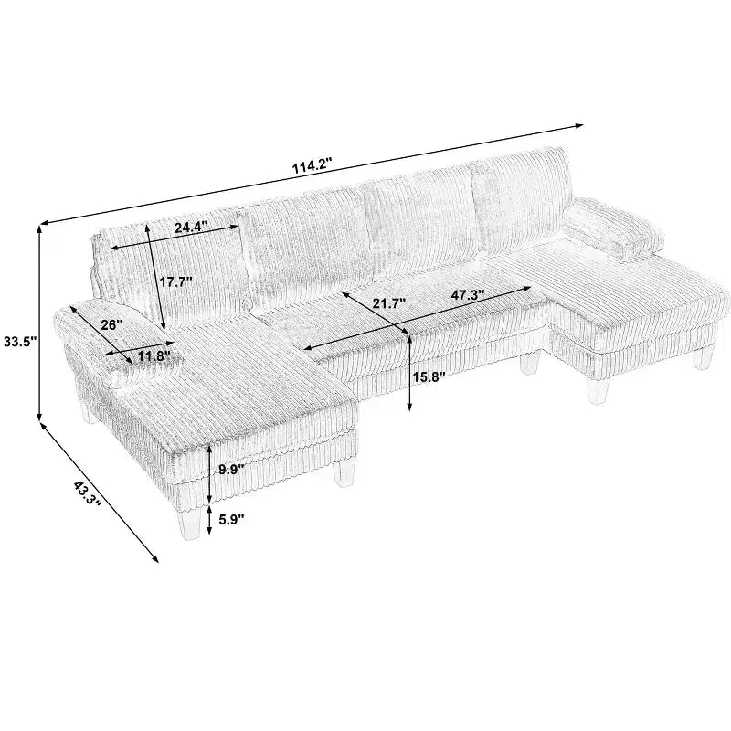 Divano sezionale a ferro di cavallo in velluto a coste con doppia chaise longue, 4 posti, beige
