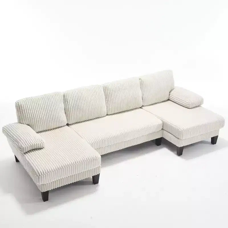 Divano sezionale a ferro di cavallo in velluto a coste con doppia chaise longue, 4 posti, beige