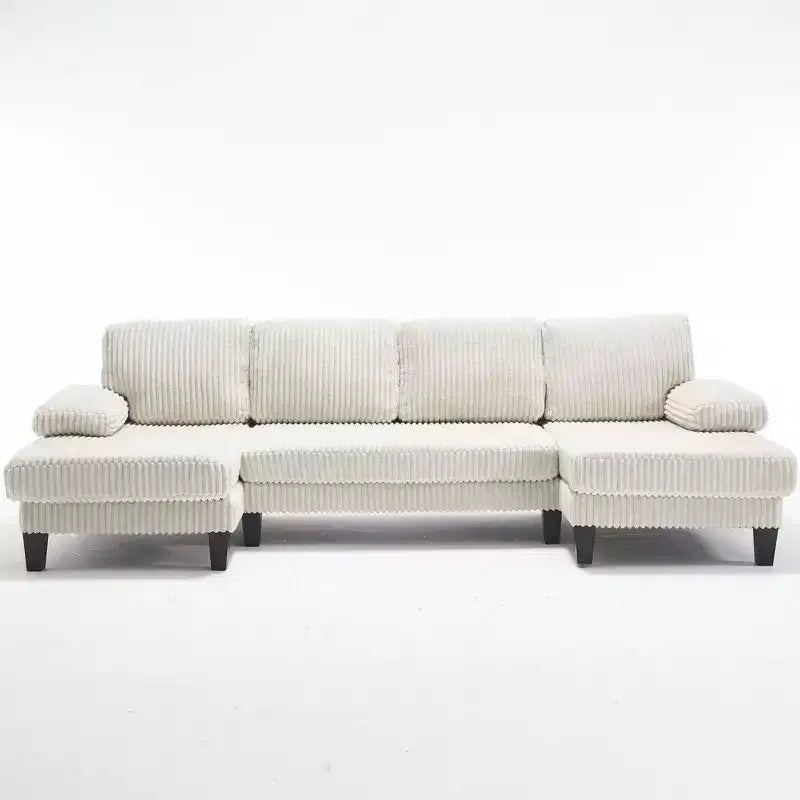 Divano sezionale a ferro di cavallo in velluto a coste con doppia chaise longue, 4 posti, beige