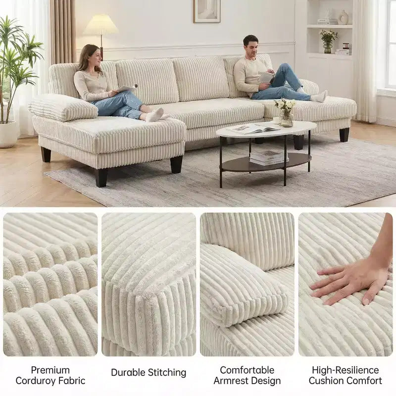 Divano sezionale a ferro di cavallo in velluto a coste con doppia chaise longue, 4 posti, beige