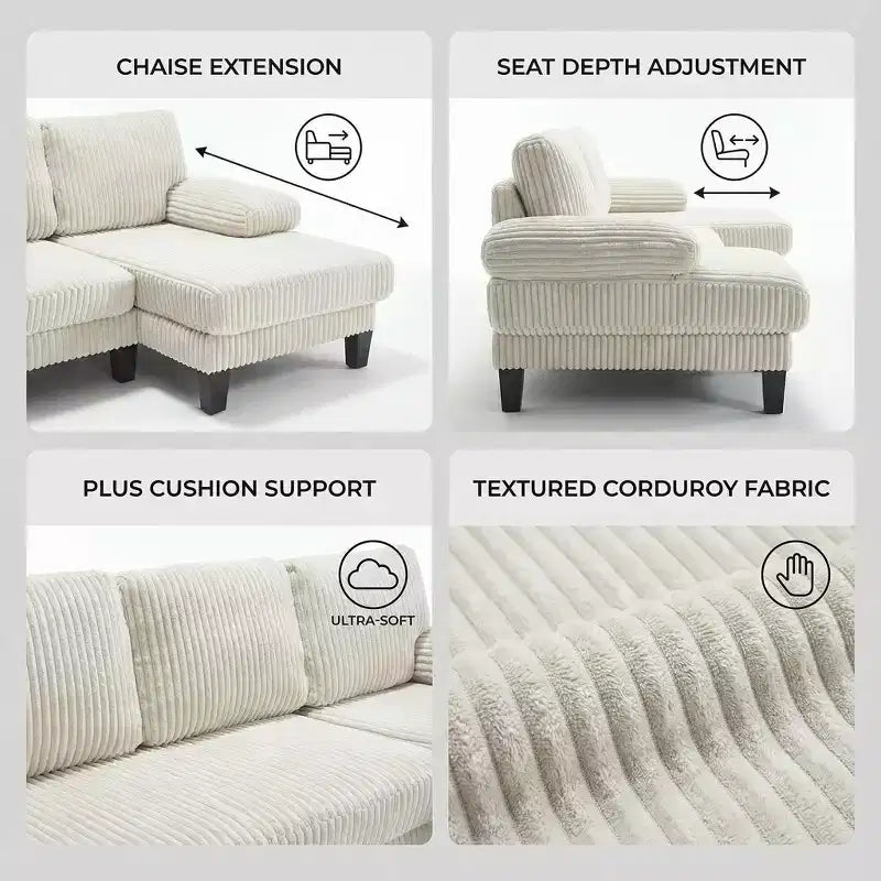 Divano sezionale a ferro di cavallo in velluto a coste con doppia chaise longue, 4 posti, beige