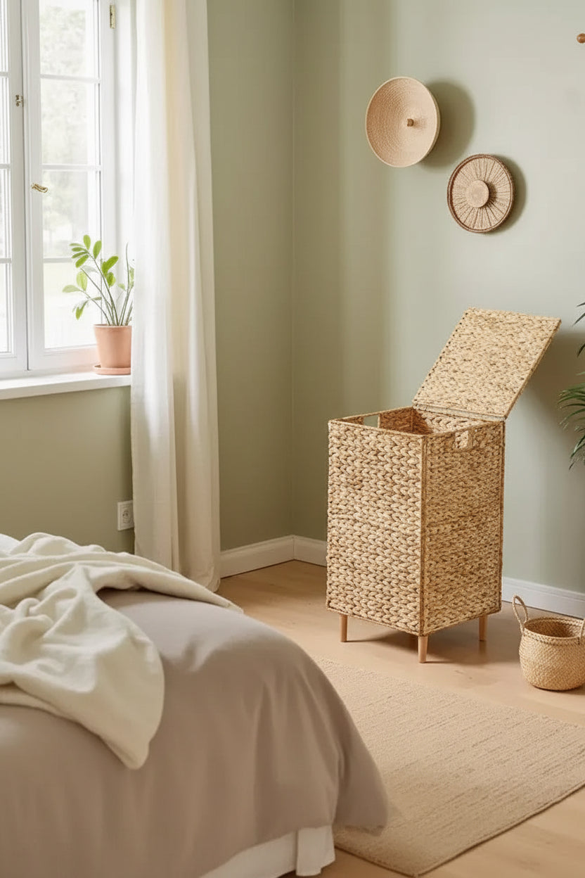 25-Gallon Handwoven Laundry Hamper with Lid and Washable Liner, Natural Water Hyacinth Basket with Wooden Feet, Steel Frame