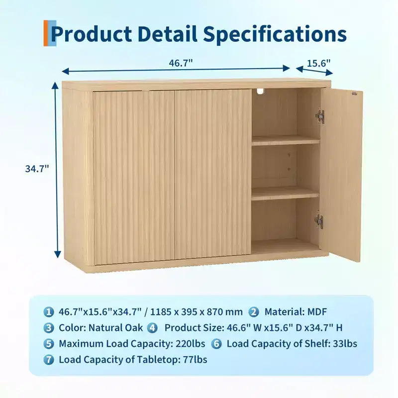 Mobile buffet credenza da 118,6 cm con 3 ante e ripiani regolabili, consolle per media con scanalature