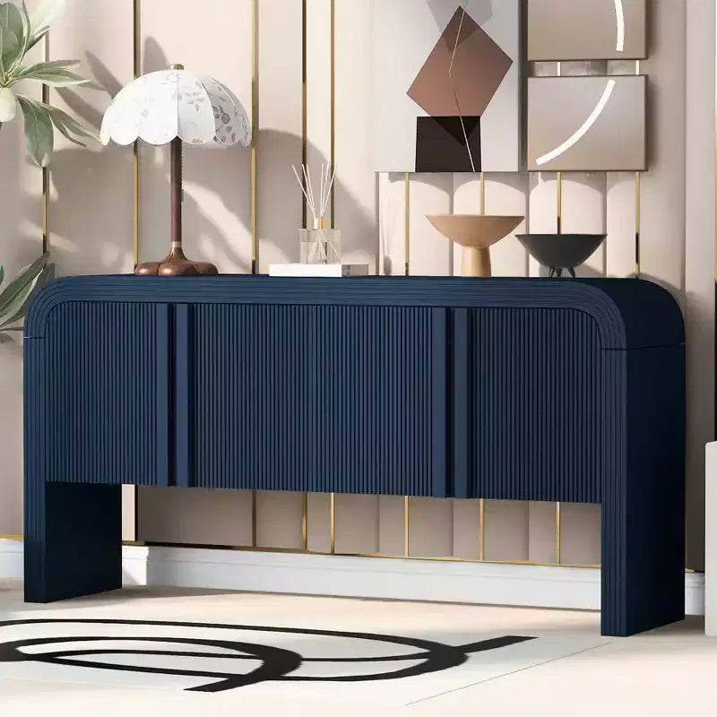 Consolle moderna curva da 63", tavolo da ingresso con 4 ante e ripiano regolabile, consolle stretta per corridoio, soggiorno