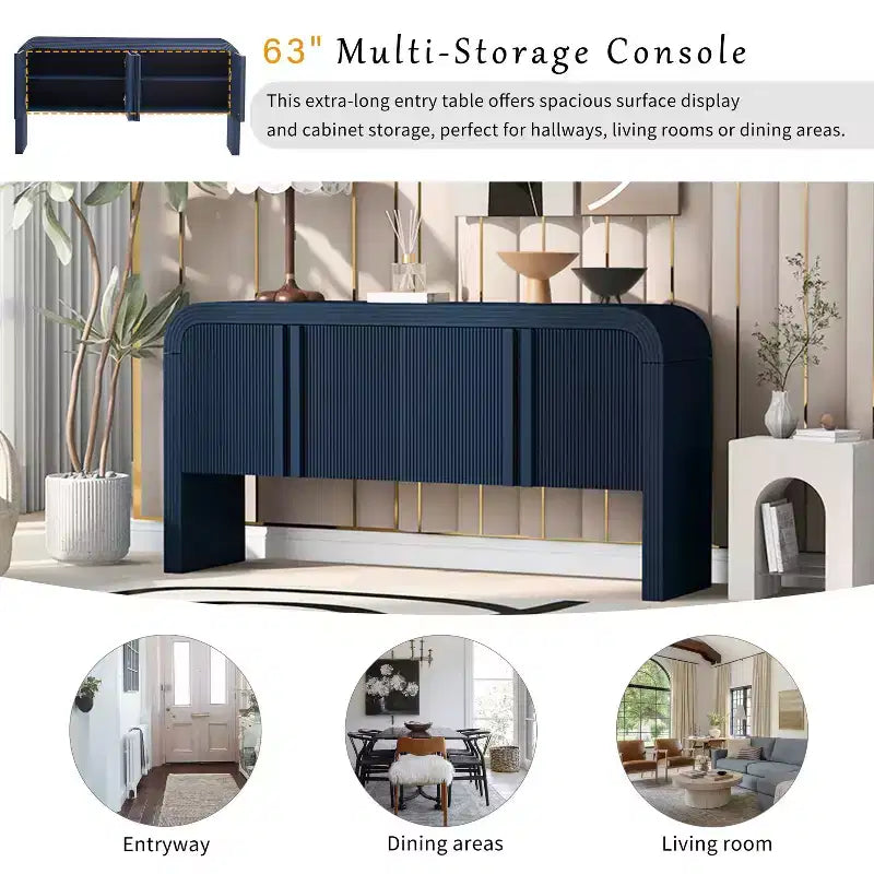 Consolle moderna curva da 63", tavolo da ingresso con 4 ante e ripiano regolabile, consolle stretta per corridoio, soggiorno