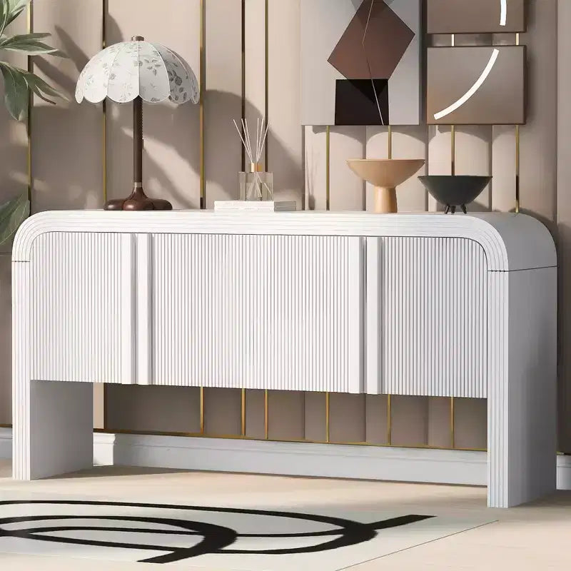 Consolle moderna curva da 63", tavolo da ingresso con 4 ante e ripiano regolabile, consolle stretta per corridoio, soggiorno
