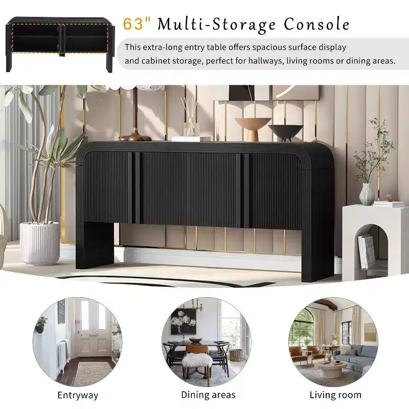 Consolle moderna curva da 63", tavolo da ingresso con 4 ante e ripiano regolabile, consolle stretta per corridoio, soggiorno