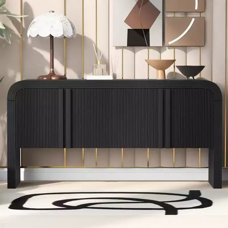 Consolle moderna curva da 63", tavolo da ingresso con 4 ante e ripiano regolabile, consolle stretta per corridoio, soggiorno