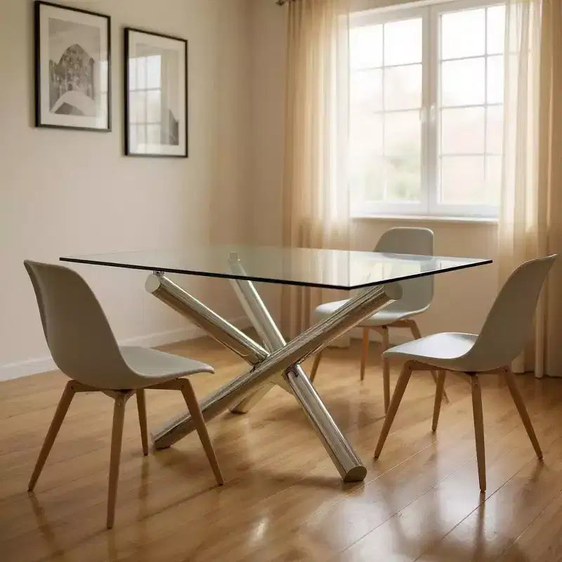 Tavolo da Pranzo Quadrato con Base a Croce in Metallo e Vetro Trasparente e Argento da 60"