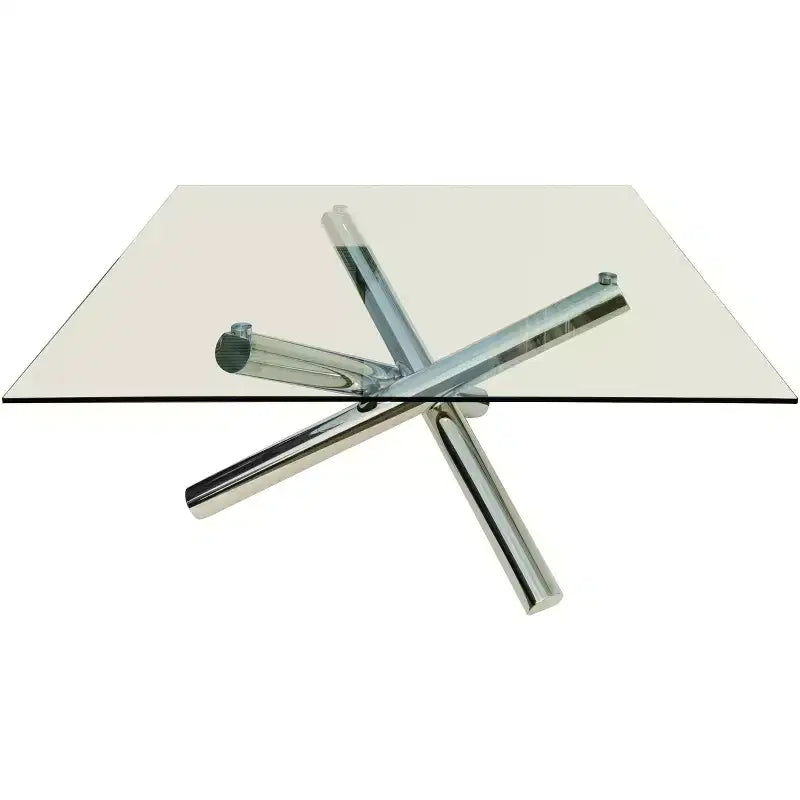 Tavolo da Pranzo Quadrato con Base a Croce in Metallo e Vetro Trasparente e Argento da 60"
