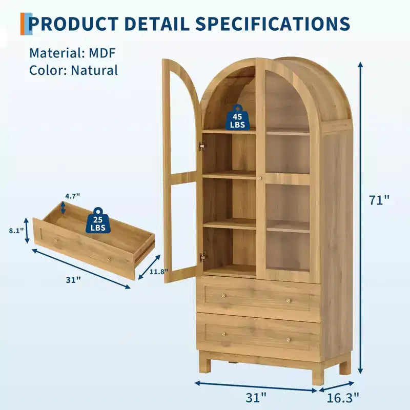 Dispensa alta da cucina a volta da 71 pollici, mobile contenitore moderno con 2 cassetti e ante in vetro, dispensa da cucina, libreria a volta in legno