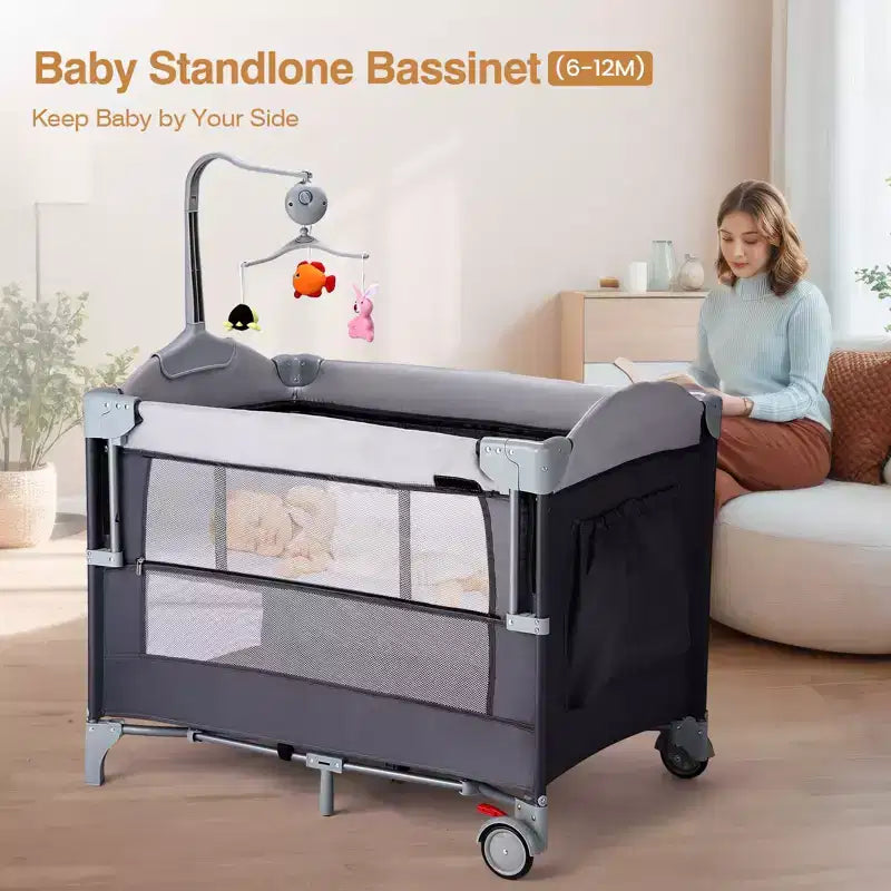 Parco giochi 4 in 1 con navicella, box portatile per neonati e bambini piccoli, nero