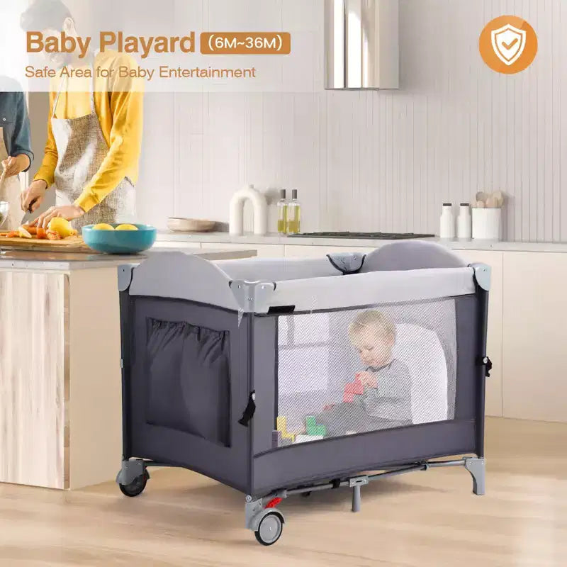 Parco giochi 4 in 1 con navicella, box portatile per neonati e bambini piccoli, nero