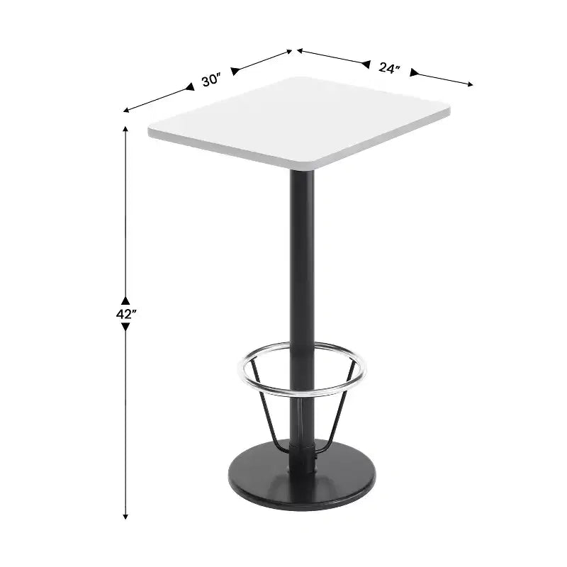 Piano del tavolo rettangolare in laminato 24'' x 30'' con base da tavolo rotonda alta da bar 18'' e anello poggiapiedi
