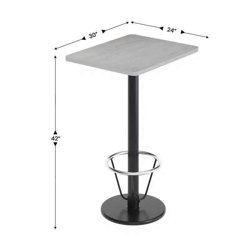 Piano del tavolo rettangolare in laminato 24'' x 30'' con base da tavolo rotonda alta da bar 18'' e anello poggiapiedi