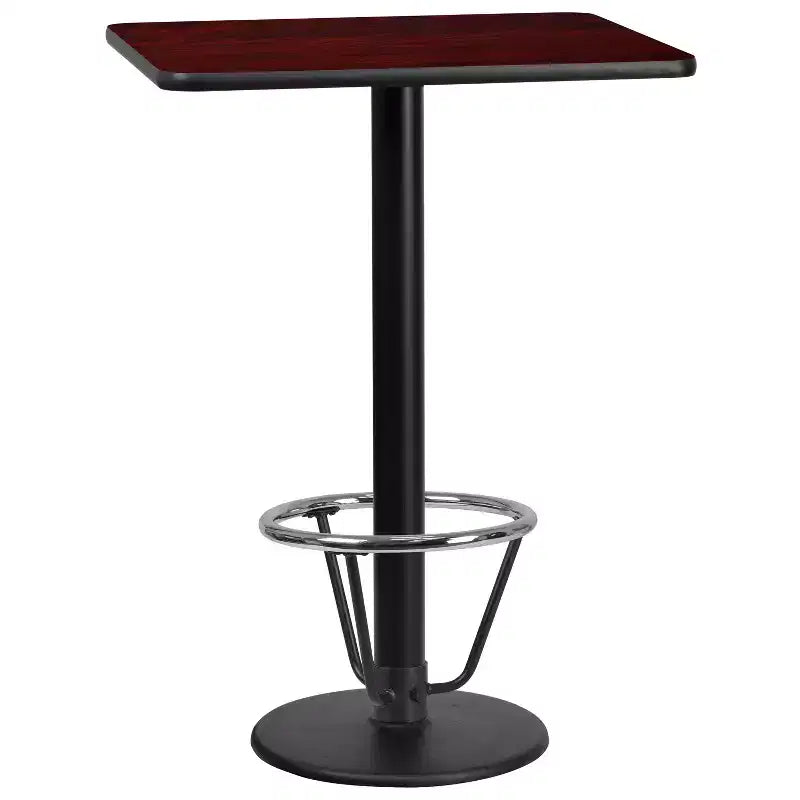 Piano del tavolo rettangolare in laminato 24'' x 30'' con base da tavolo rotonda alta da bar 18'' e anello poggiapiedi