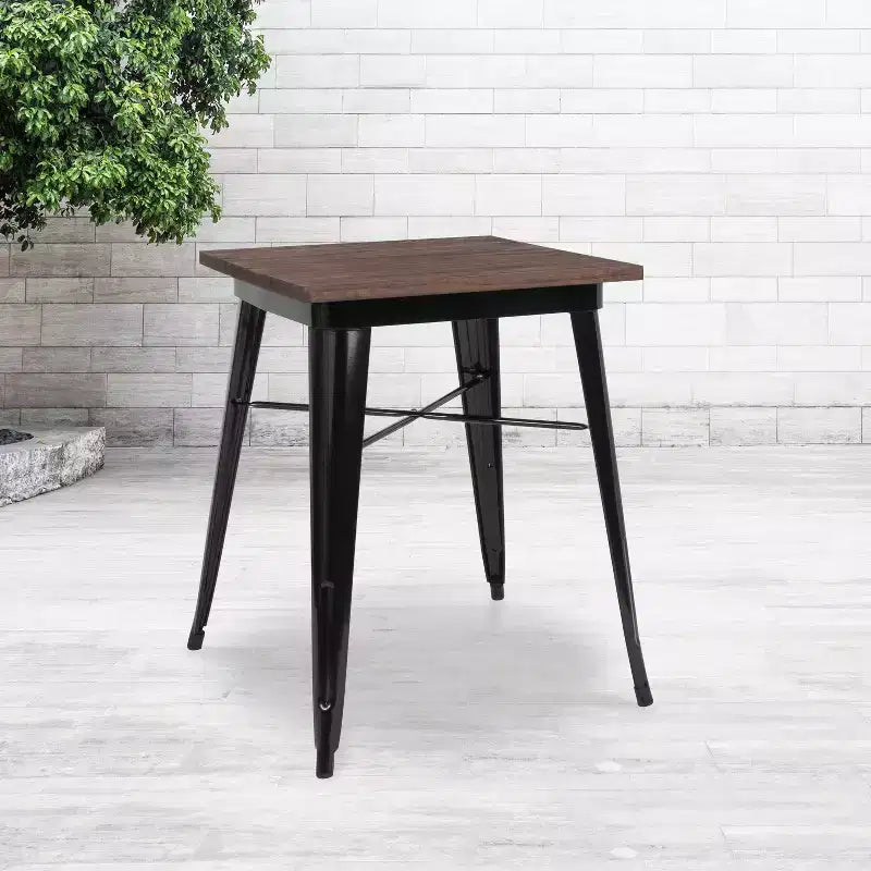 Tavolo Quadrato in Metallo per Interni da 23,5" con Piano Rustico in Legno