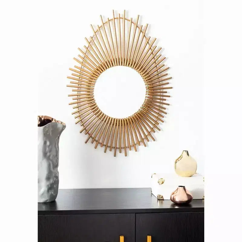 Specchio da parete ovale a raggi di sole dorati, cornice in ferro, 28x28 cm