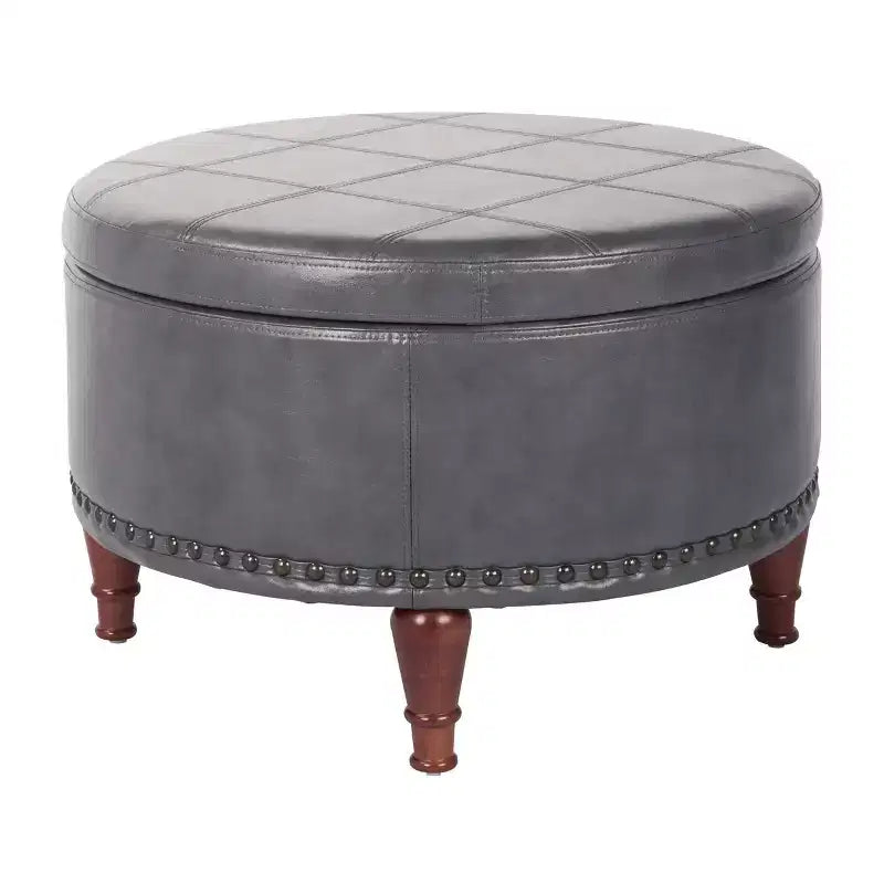 Pouf Contenitore Rotondo in Similpelle con Rifinitura Borchiata