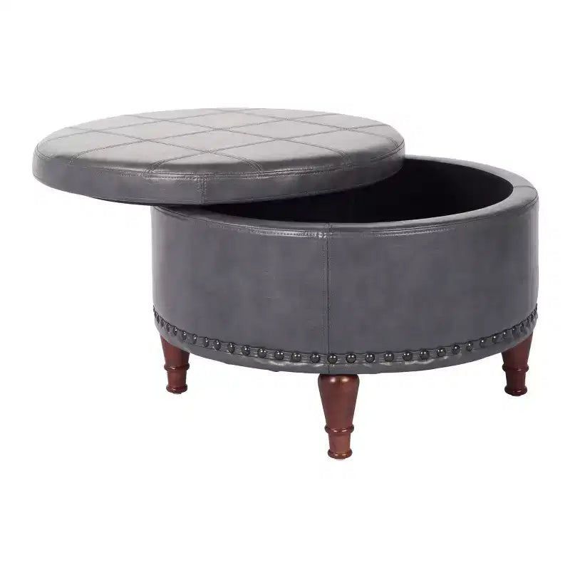 Pouf Contenitore Rotondo in Similpelle con Rifinitura Borchiata