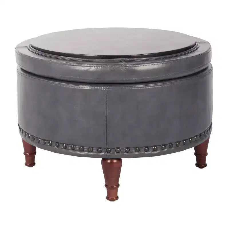 Pouf Contenitore Rotondo in Similpelle con Rifinitura Borchiata