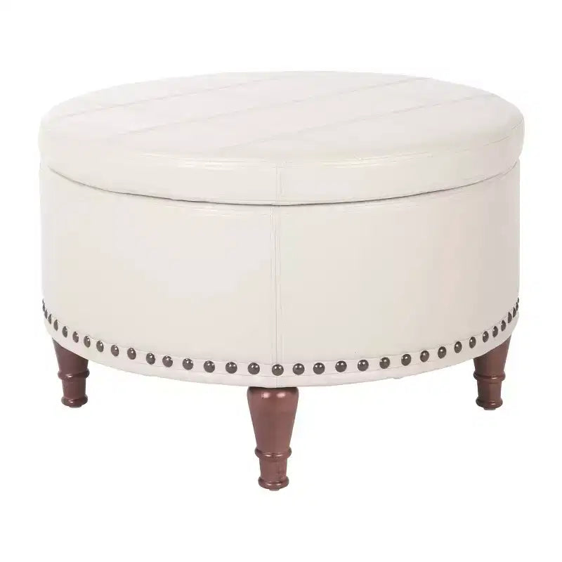 Pouf Contenitore Rotondo in Similpelle con Rifinitura Borchiata