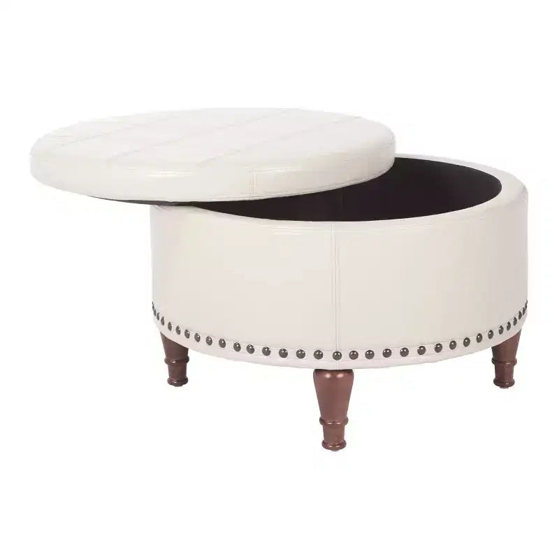 Pouf Contenitore Rotondo in Similpelle con Rifinitura Borchiata