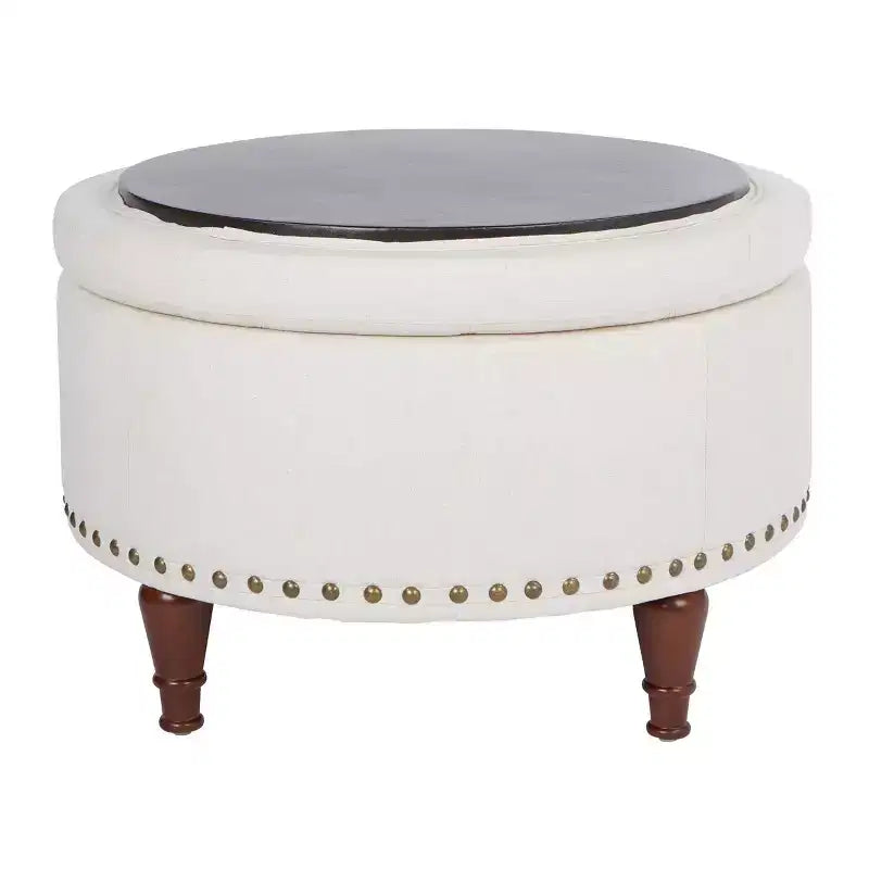 Pouf Contenitore Rotondo in Similpelle con Rifinitura Borchiata